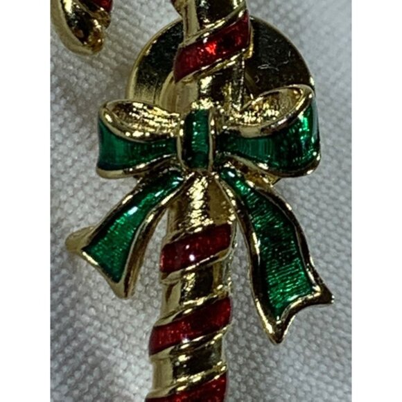 Vintage Avon Candy Cane Brooch 1.25" Signed Red Gold Tone Christmas Pin Bow - Picture 2 of 8